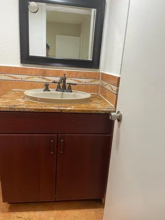 a bathroom with a sink a mirror and vanity