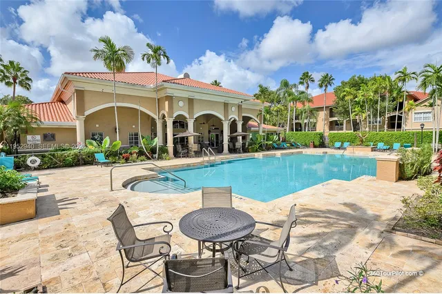 a view of a house with swimming pool and a garden
