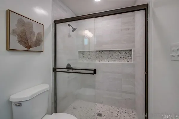 a bathroom with a shower and a toilet