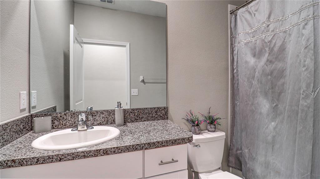 31632 Blue Passing Loop Wesley Chapel, FL 33545 - Photo 42 of 48 a bathroom with a granite countertop sink and a mirror with toilet