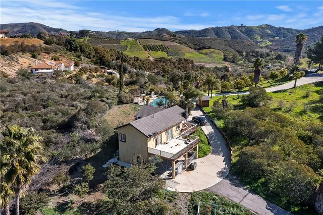 an aerial view of a house with a yard and potted plants