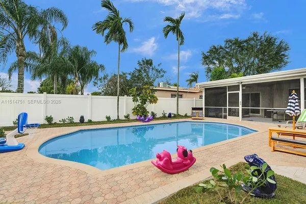 a view of a swimming pool with a yard