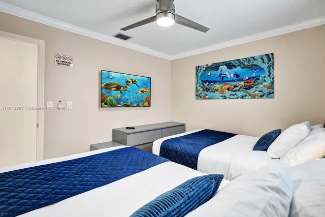 a bedroom with two beds and a large window