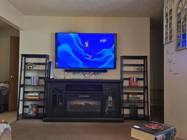 a living room with closet and a fireplace