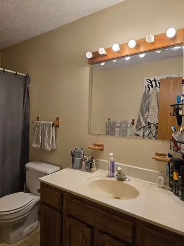 a bathroom with a sink vanity mirror and toilet