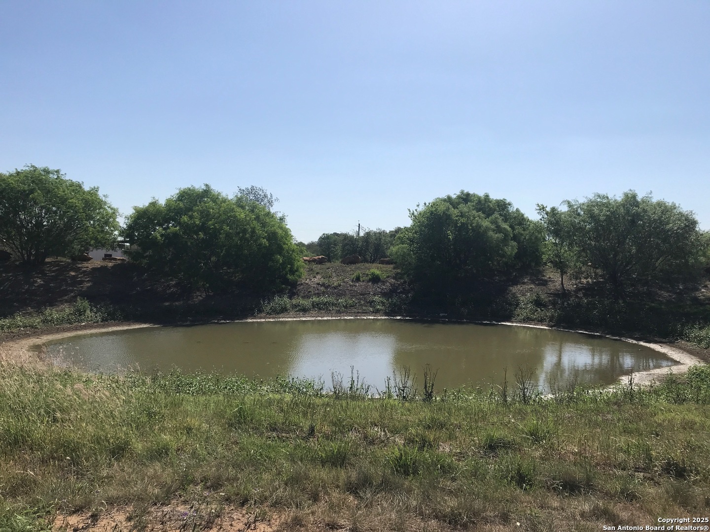 a view of a lake with green space