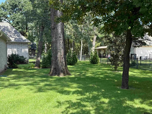 a view of a backyard with large trees