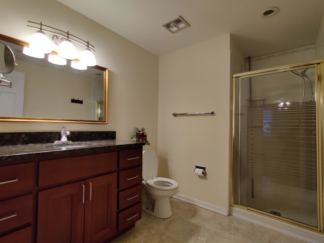 1520 Chippewa Drive Naperville, IL 60563 - Photo 14 of 18 a bathroom with a granite countertop sink toilet a mirror a vanity and shower