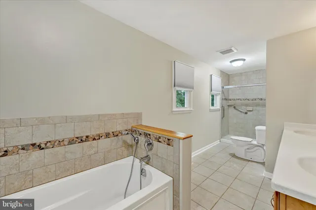 a bathroom with a bathtub and a toilet