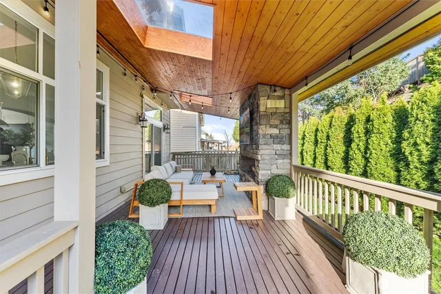 a view of balcony with furniture