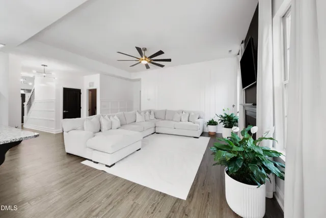 a living room with furniture and a potted plant
