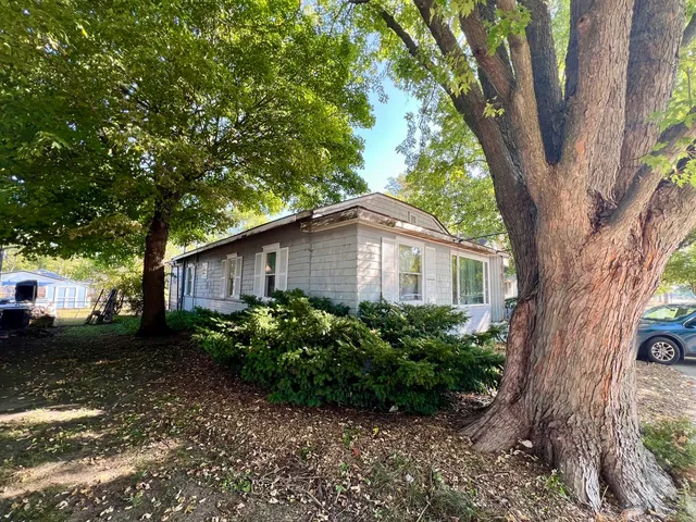 a backyard of a house with plants and large trees