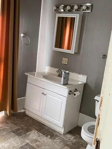 a bathroom with a sink a toilet and a mirror
