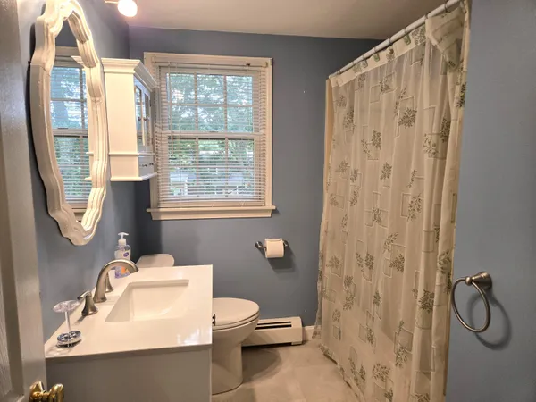 a bathroom with a sink a toilet and shower