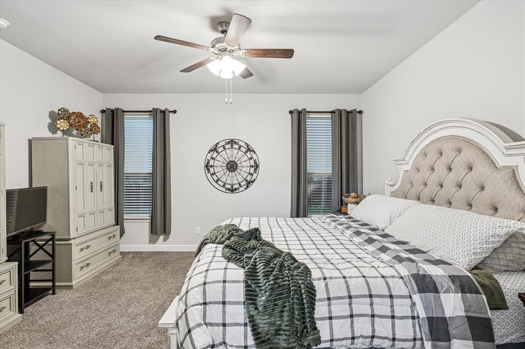 155 Texasage Street Rhome, TX 76078 - Photo 16 of 31 Primary bedroom with carpet flooring, baseboards, and ceiling fan