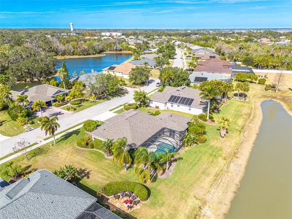 an aerial view of residential houses with outdoor space