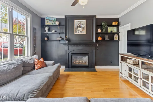 a living room with furniture and a fireplace