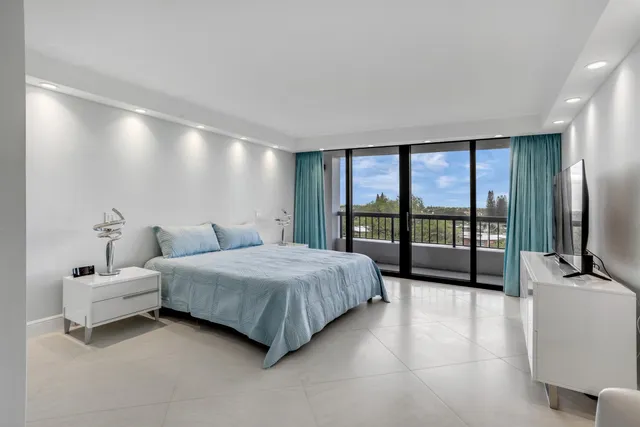 a spacious bedroom with a bed and large window