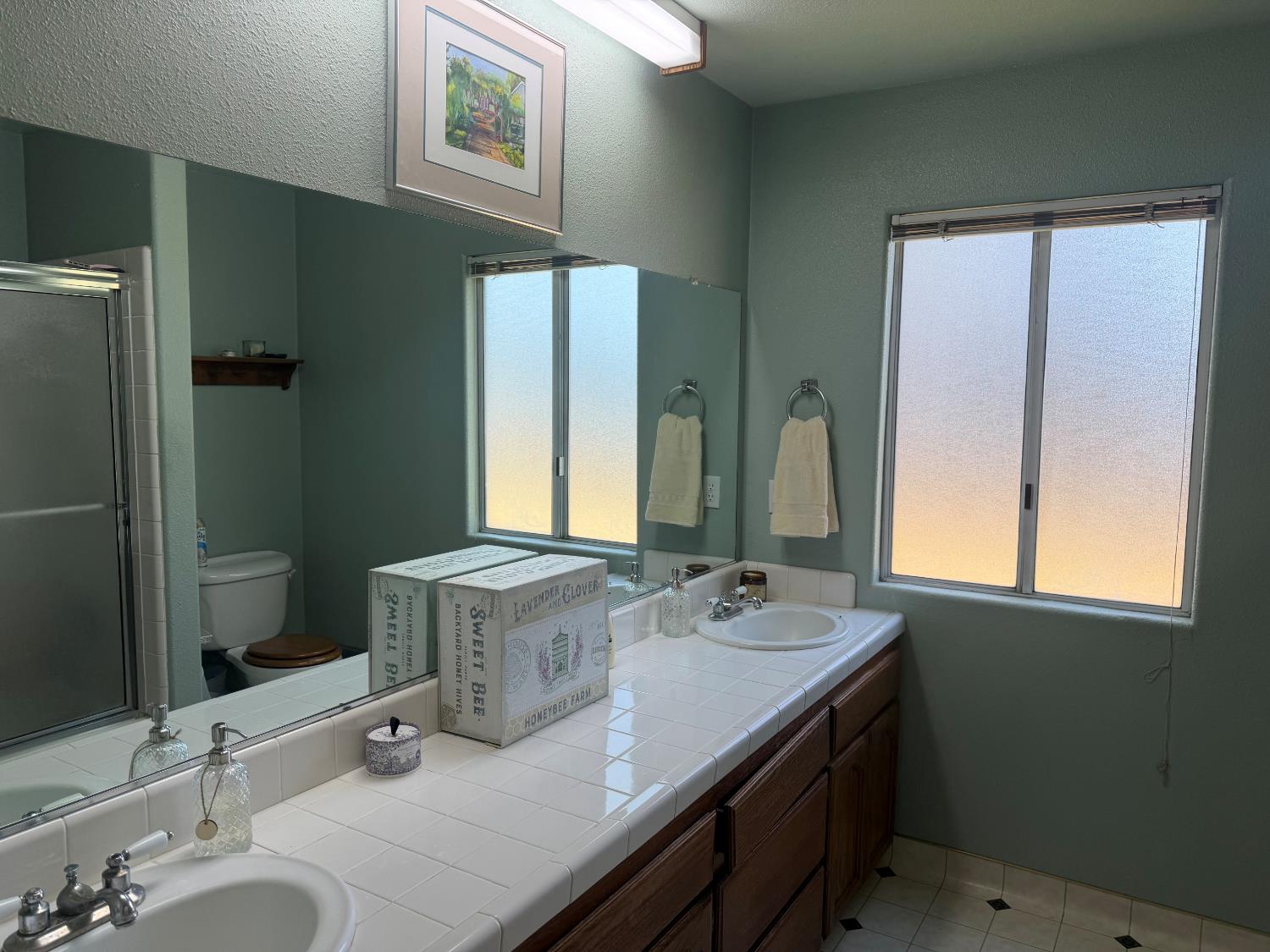 16638 Mark Road Madera, CA 93636 - Photo 13 of 22 a bathroom with a granite countertop sink a mirror and a window