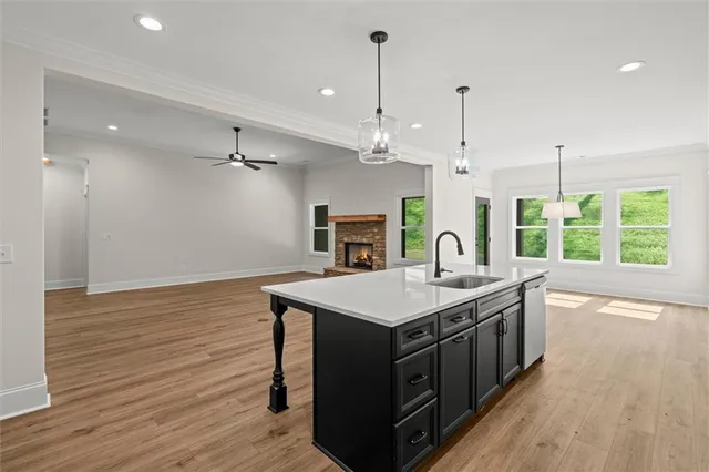 a view of a kitchen counter space a sink wooden floor and a ceiling fan
