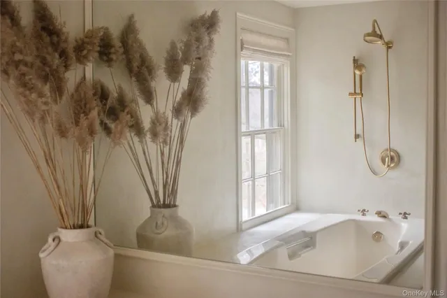 a bathroom with a bathtub and shower