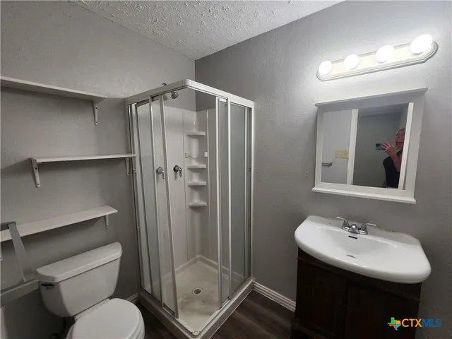 a bathroom with a sink toilet and shower