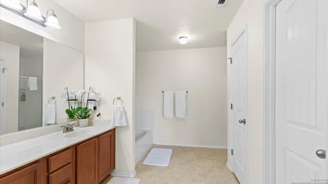 a bathroom with a double vanity sink and shower