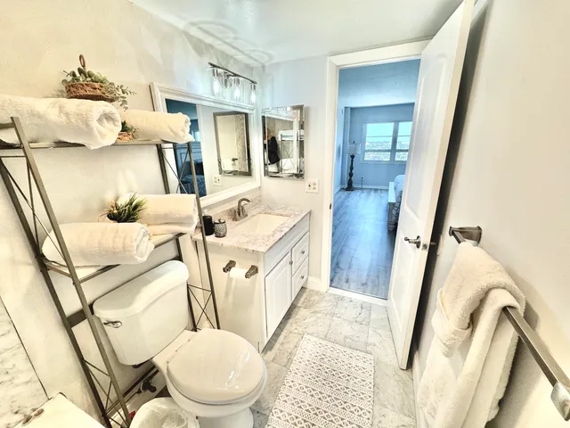 a bathroom with a sink a toilet and a mirror