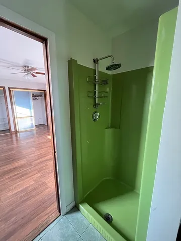 a bathroom with a shower and a mirror