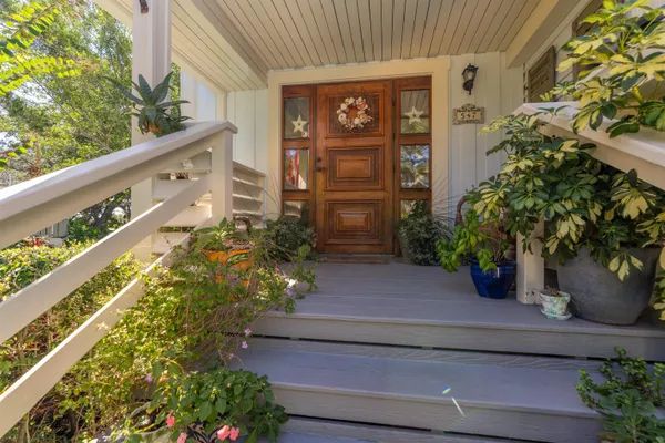 a view of a house with potted plants
