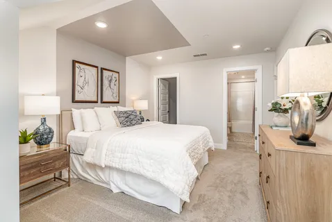 a bedroom with a large bed and a dresser