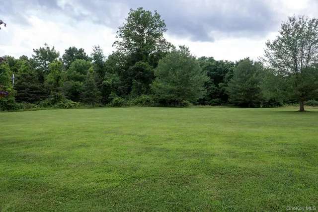 a view of a green field with trees in the background