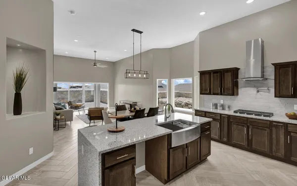 a kitchen with lots of counter top space