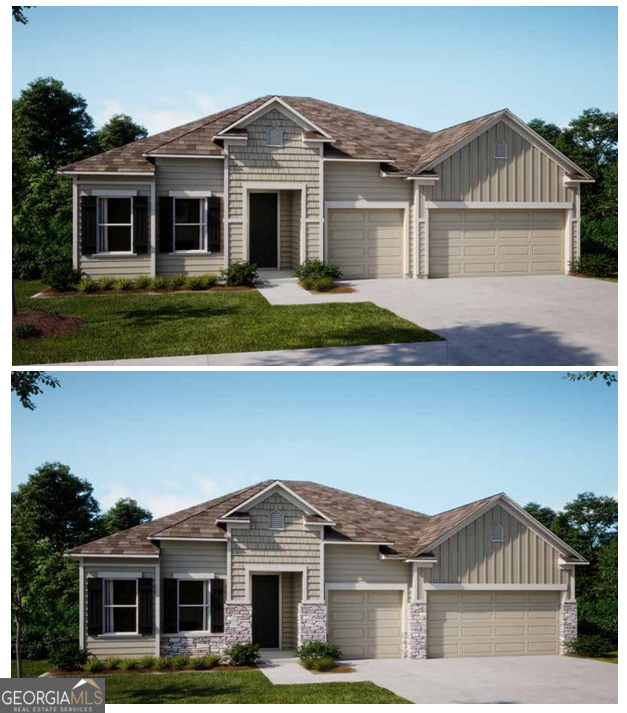 a front view of a house with yard and green space