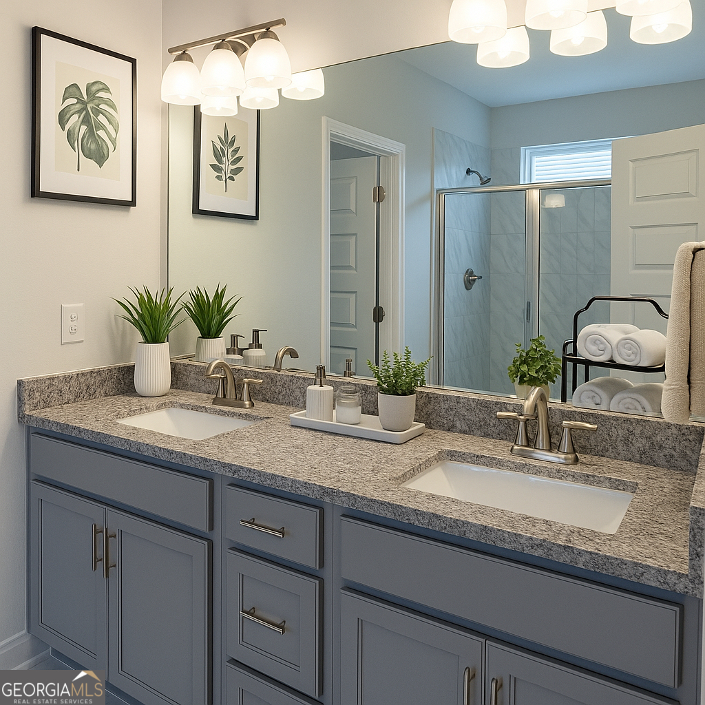 196 Sage Street, Unit HOMESITE 30 Commerce, GA 30529 - Photo 14 of 16 a bathroom with a granite countertop sink and a mirror