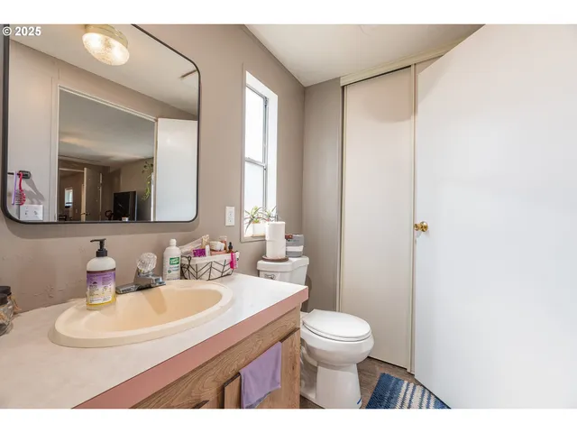 a bathroom with a sink a toilet and a mirror