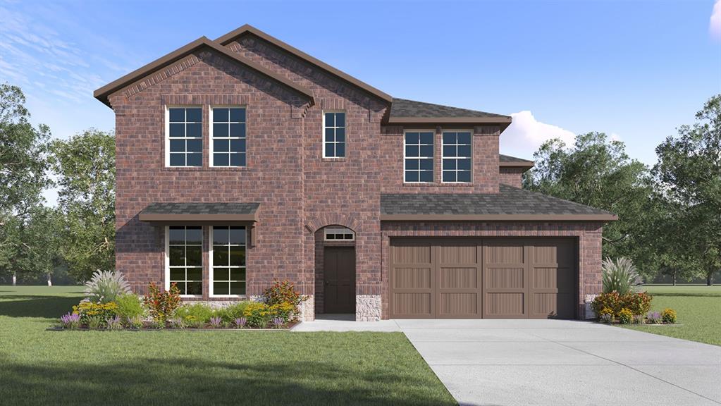 4197 Waldron Trail Forney, TX 75126 - Photo 1 of 25 Two-story brick exterior featuring a multi-pane window design, a prominent two-car garage, and a covered entry with an arched detail