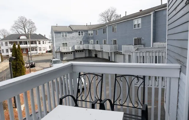 a view of a building from a balcony