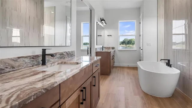 a bathroom with a double vanity sink a mirror and a bathtub