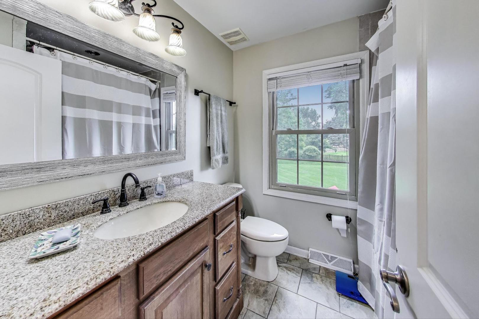 28W409 Leverenz Road Naperville, IL 60564 - Photo 27 of 39 a bathroom with a granite countertop sink toilet and shower