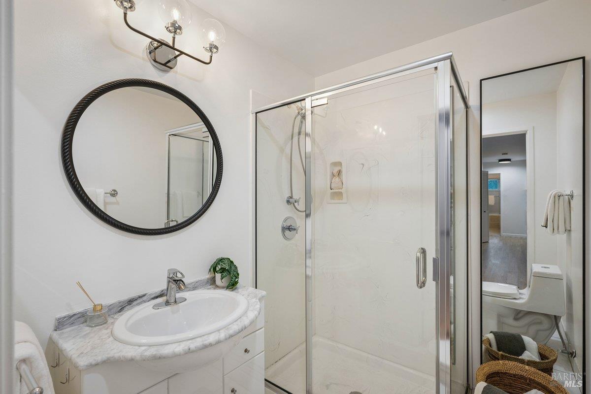 1036 Lea Drive San Rafael, CA 94903 - Photo 57 of 88 a bathroom with a sink a mirror a glass door and shower