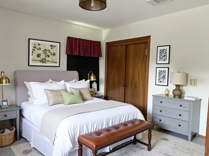 a bedroom with bed and cabinet