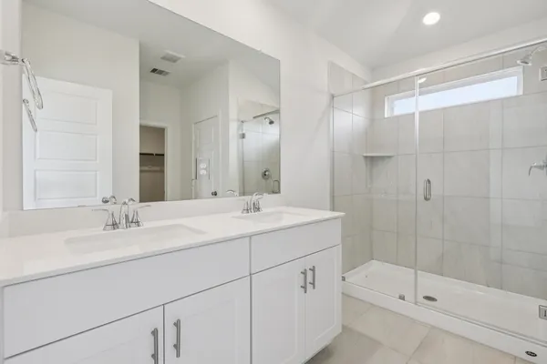 a bathroom with a shower sink vanity and mirror