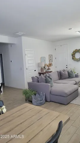 a view of a dining room with furniture