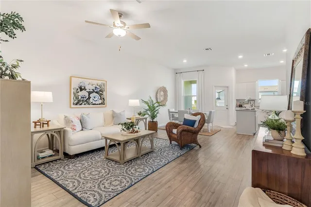 a living room with furniture ceiling fan and a rug