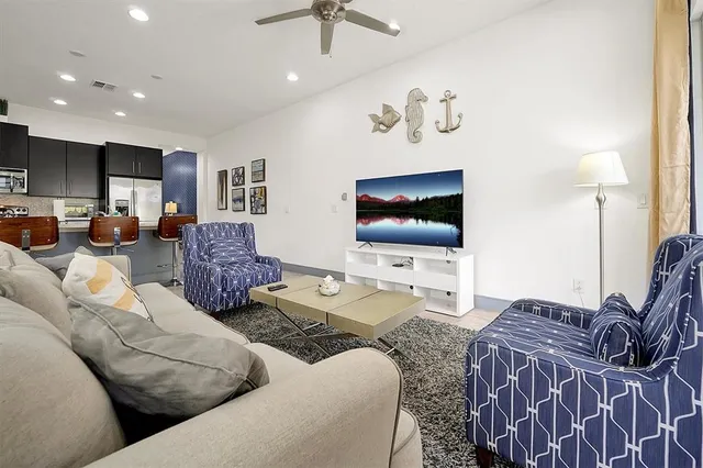 a view of a dining room with furniture