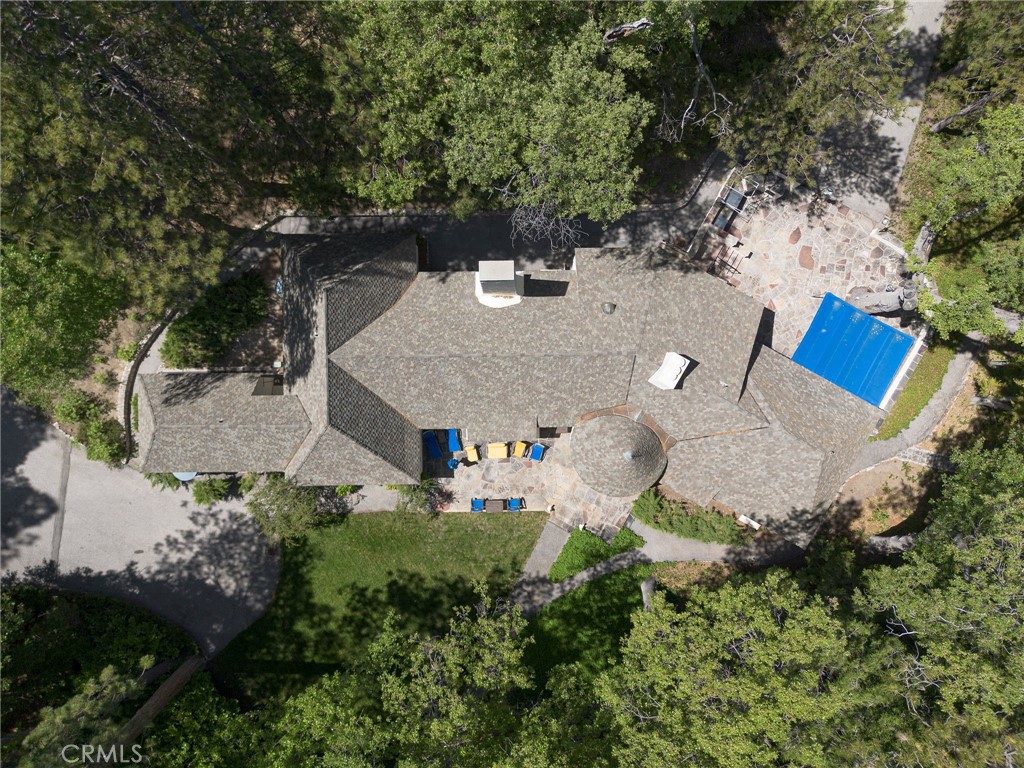 28641 North Shore Road Lake Arrowhead, CA 92352 - Photo 25 of 75 an aerial view of a house with yard and outdoor seating