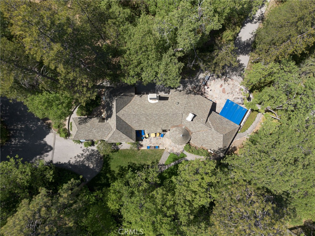 28641 North Shore Road Lake Arrowhead, CA 92352 - Photo 26 of 75 an aerial view of a house with yard and outdoor seating