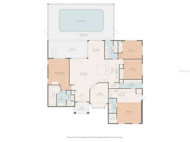 a view of a yard with plants and large trees