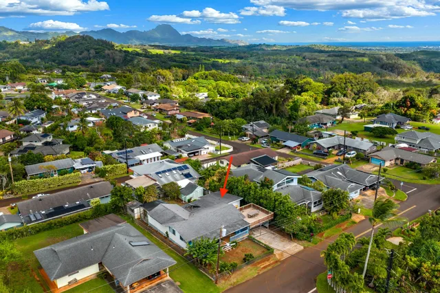 an aerial view of residential houses with outdoor space and river